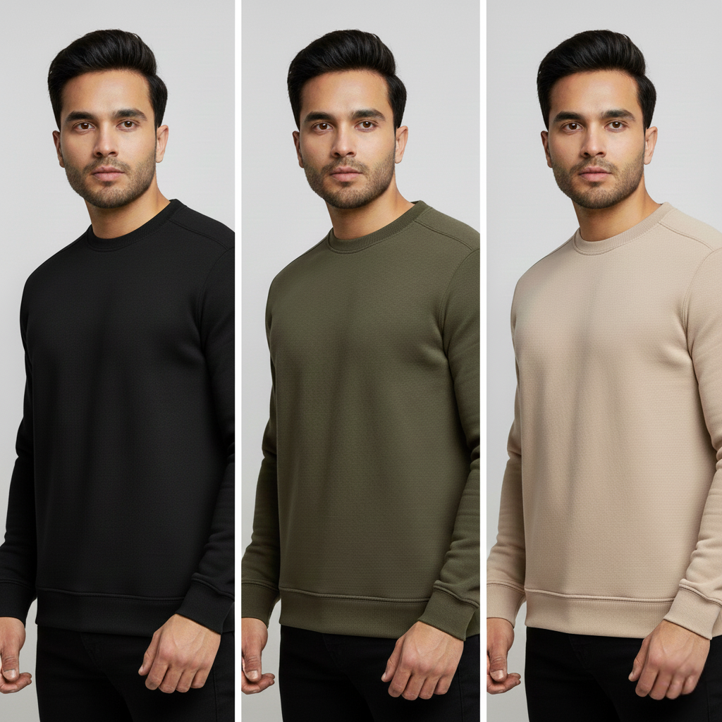 Mens Solid Black, Olive & Light Beige Sweatshirt Pack of 3